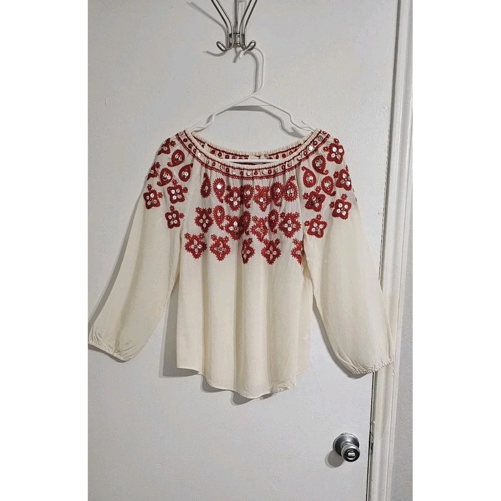 Tory Burch Leyla Off The Shoulder Embroidered Silk Tunic Blouse Women  Sz 4 Boho